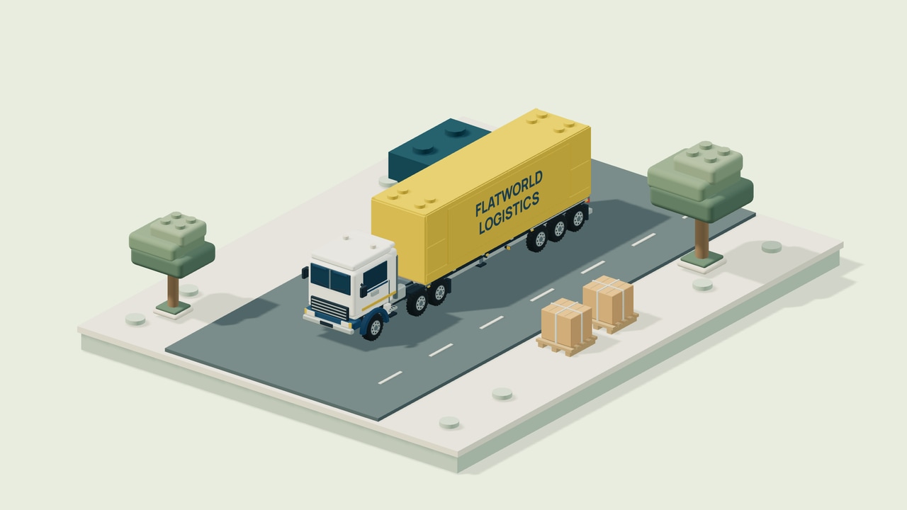 Mô hình lắp ghép xe đầu kéo trắng cùng container vàng FLATWORLD LOGISTICS và những kiện hàng trên đế sa bàn