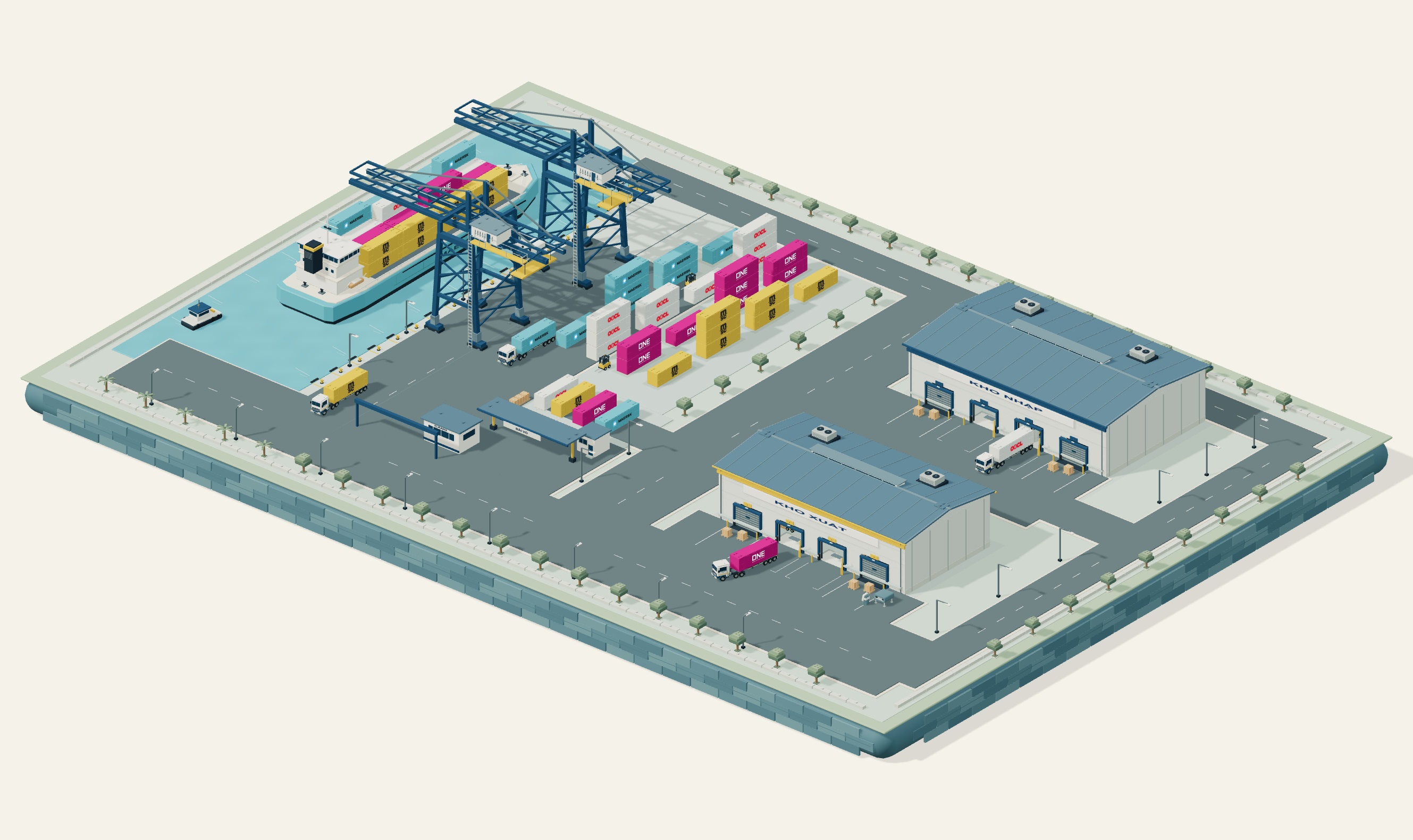 Sa bàn logistics với bốn xe đầu kéo nối cảng biển cùng hai cửa làm việc tại mỗi kho nhập và kho xuất