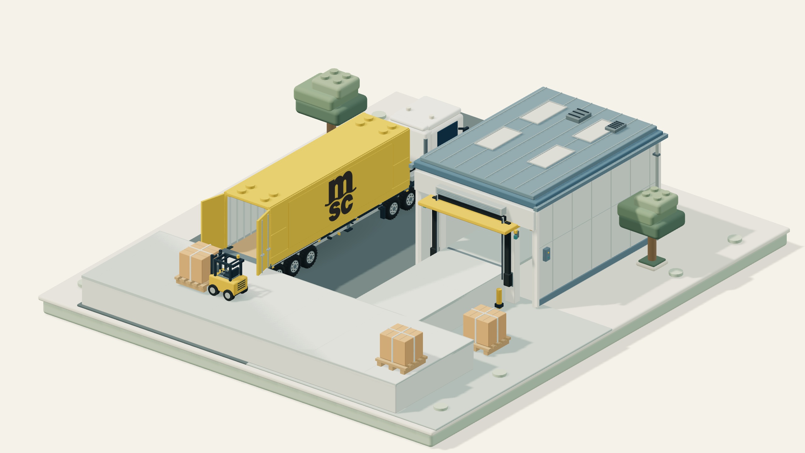 Minh họa mô hình container MSC và xe nâng chuẩn bị chuyến xuất