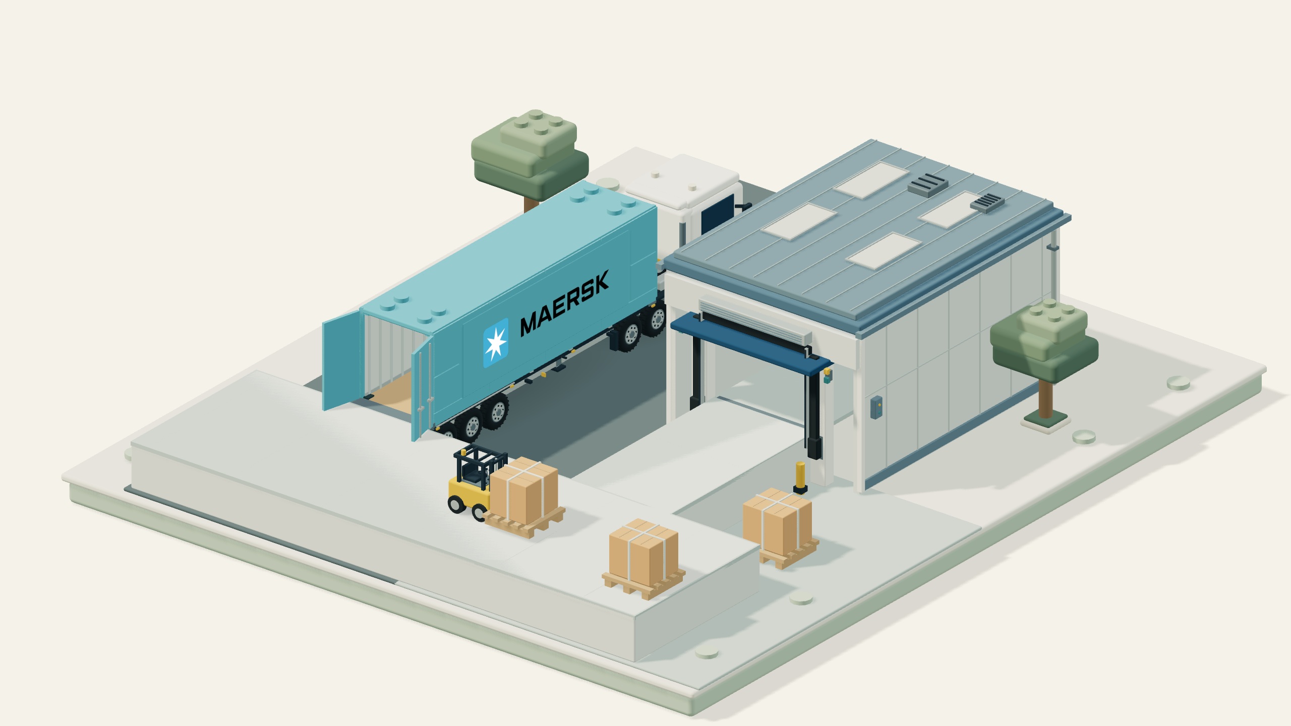 Minh họa mô hình container Maersk cùng kiện hàng và xe nâng tại kho nhập